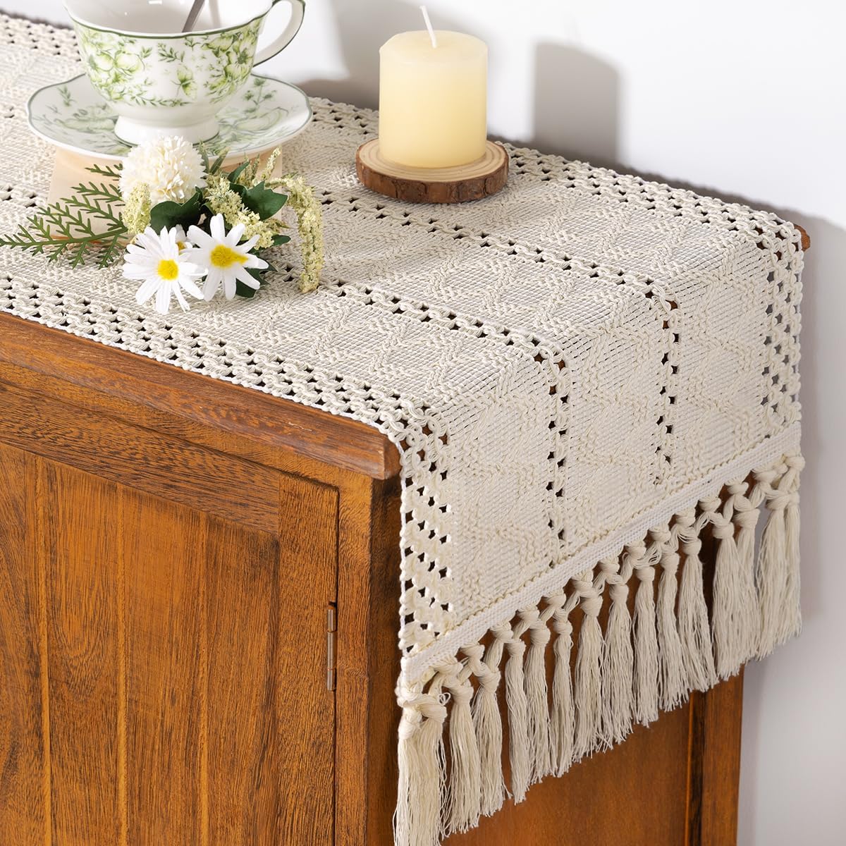 Socomi Boho Table Runner Fall Thanksgiving Farmhouse Rustic Dining Kitchen Centerpiece Decor Small Macrame Woven Cotton Linen Coffee Table Runner for Dresser Scarf Home Decor 12x36 inch Beige