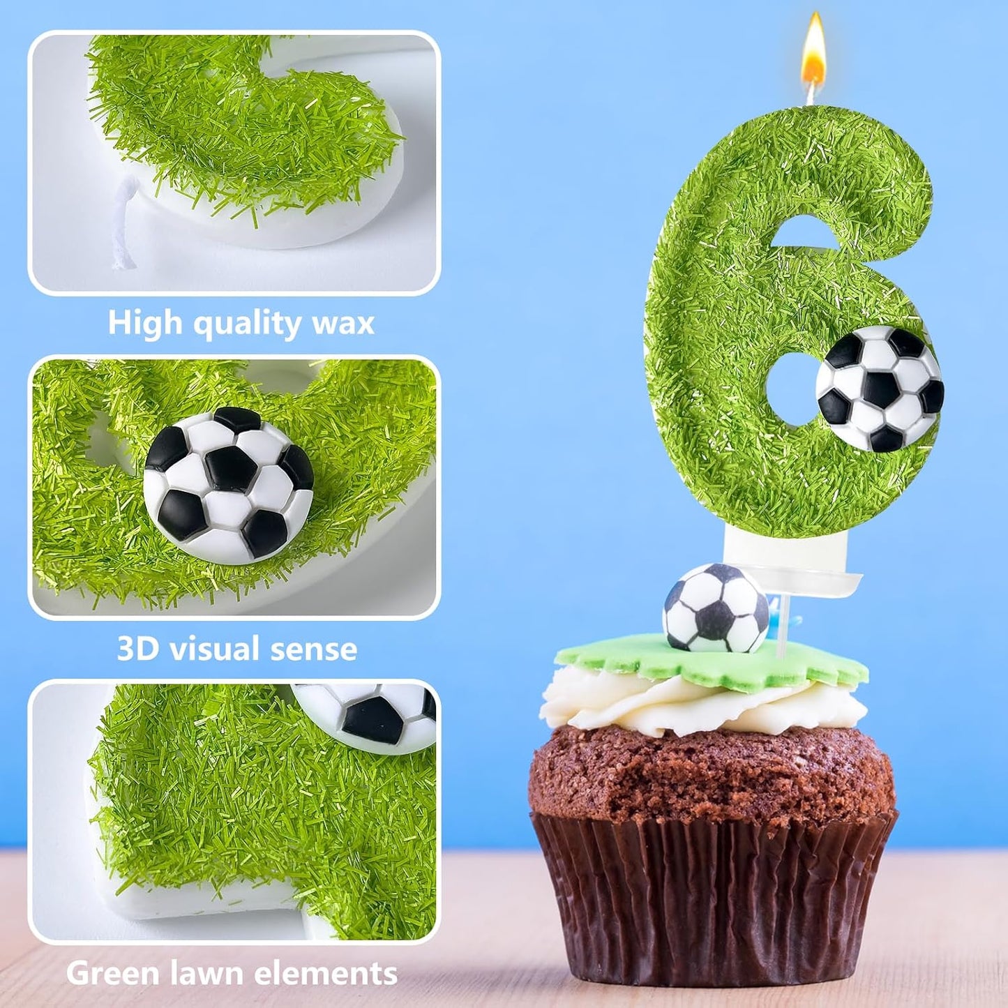 6th Birthday Candles，Soccer Birthday Decorations，Suitable for Girl and boy Cake Toppers, Wedding Cakes, Anniversaries, Party Celebrations, Birthday Decorations