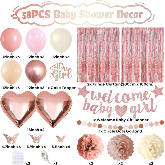 Pink Baby Shower Decorations for Girl, Boho Dusty Blush Pink Rose Gold Beige White Latex Balloons Welcome Baby Banner Its A Girl Cake Topper Pom Poms Fringe Curtain for Girls Birthday Party Decoration
