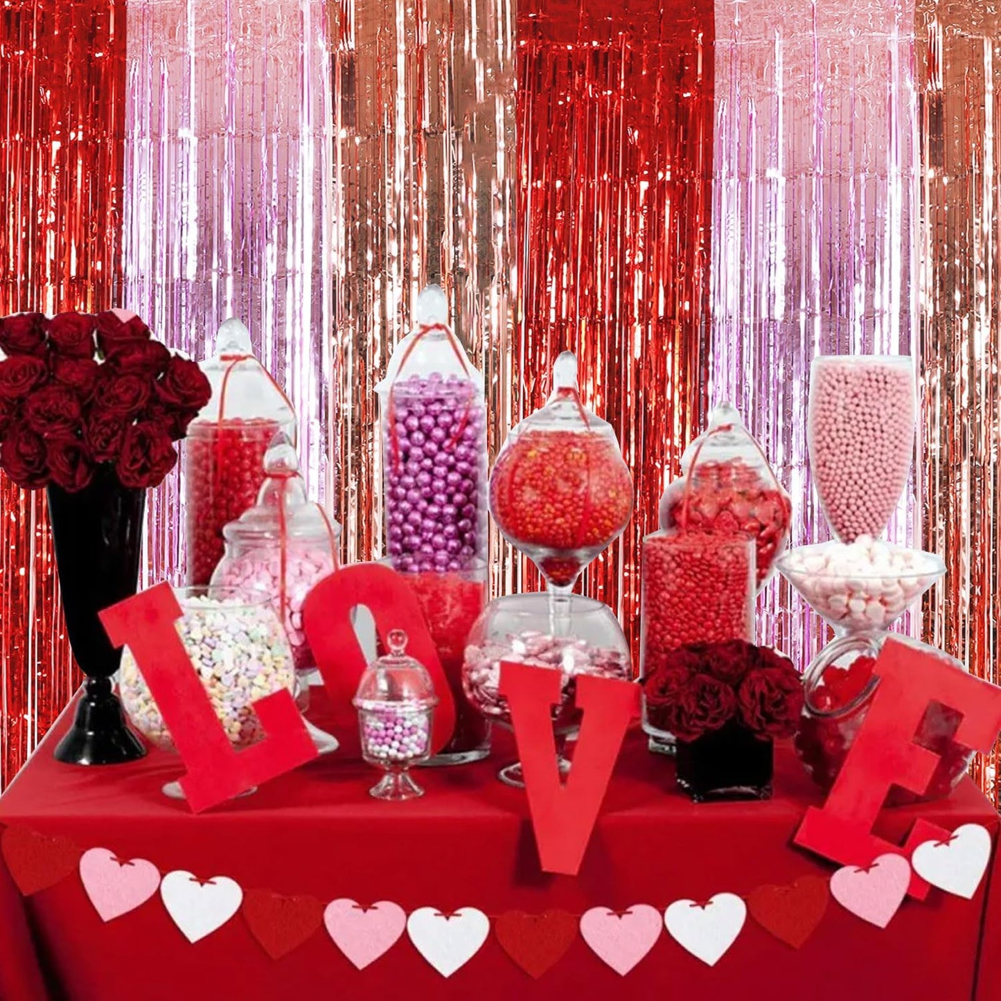 TONIFUL Valentine's Day Door Streamers,Red Pink and Rose Gold Photo Booth Backdrop Metallic Streamers Foil Fringe Curtain for Birthday Valentine's Day Bridal Shower Engagement Party Decoration