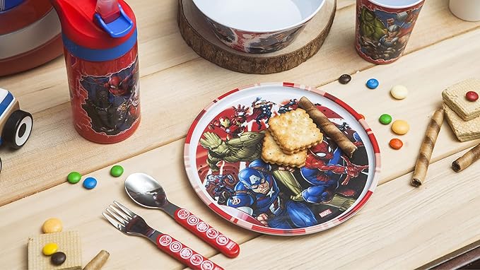 Zak Designs 5-Piece Dinnerware Set, Marvel Universe - Durable Plastic & Stainless Steel - Includes Water Bottle, 8-Inch Plate, 6-Inch Bowl, Fork & Spoon - Suitable for Kids Ages 3+