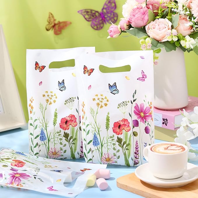 Kosiz 100 Pcs Wild Flower Gift Bags Bulk 6.7 x 9.8 Inches Plastic Wild Floral Treat Candy Goodie Favor Bags with Handles for Spring Summer Birthday Wedding Bridal Shower Floral Party Supplies Decor