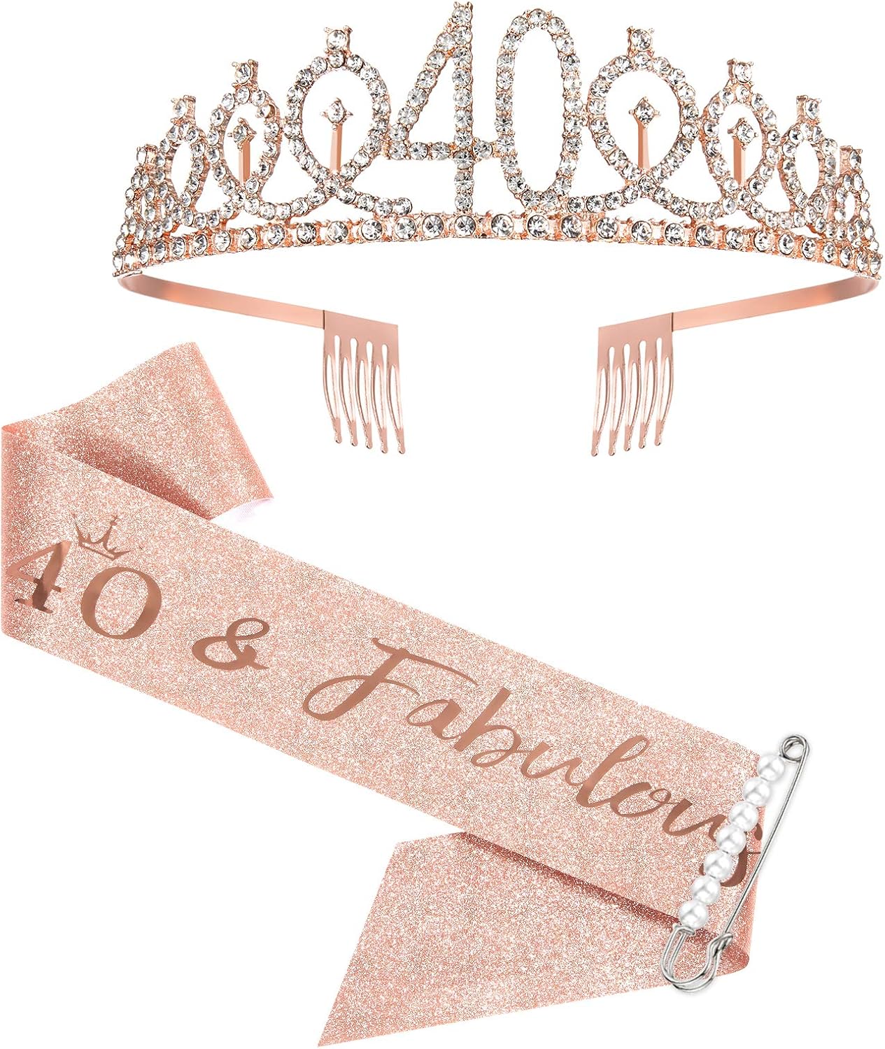 40th Birthday Sash and Tiara for Women - Rose Gold Crown & Fabulous Sash - Birthday Gifts for Party Favor Supplies