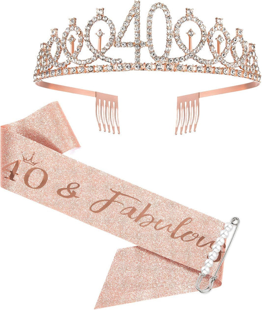 40th Birthday Sash and Tiara for Women - Rose Gold Crown & Fabulous Sash - Birthday Gifts for Party Favor Supplies
