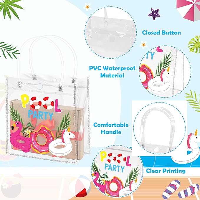 H1vojoxo Hello Summer Gift Bags - 24PCS Summer Pool Party Favor Clear Gift Bags with Handles 7.9x3.2x7.9 Inch Pool Clear PVC Gift Bag 4 Styles Waterproof and Reusable Beach Goodie Treat Party Tote Bag