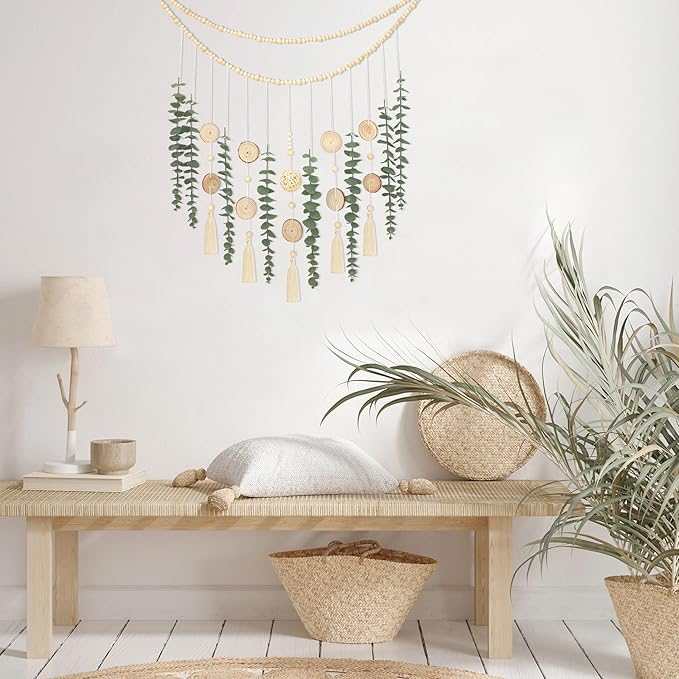 Artificial Eucalyptus Wall Decor with Wicker Ball Natural Boho Home Decorations Hanging Wooden Bead Garland for Large Bedroom Bathroom Living Room, 32 x 32 Inch