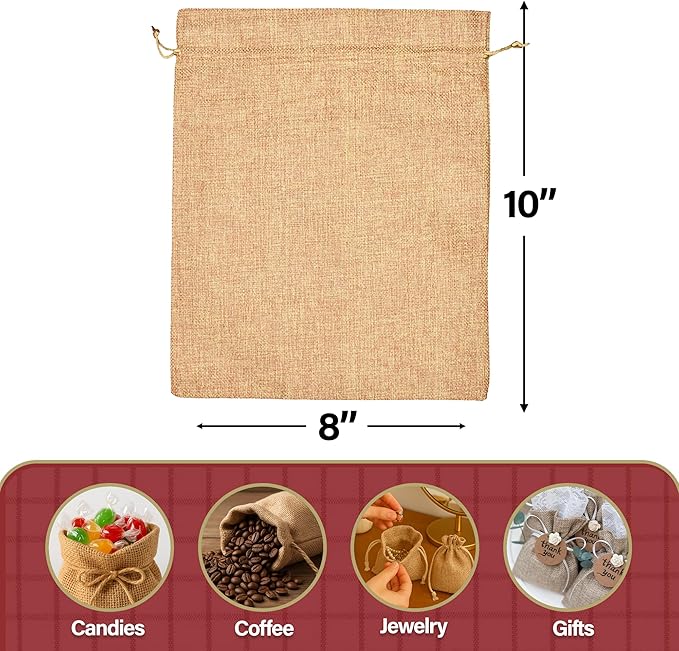 Mandala Crafts 8X10 Inch Plain Burlap Drawstring Gift Bags for Favors - 20 Large Linen Sacks Gift Pouches for Candy, Coffee, Jewelry, Wedding, and Party Supplies