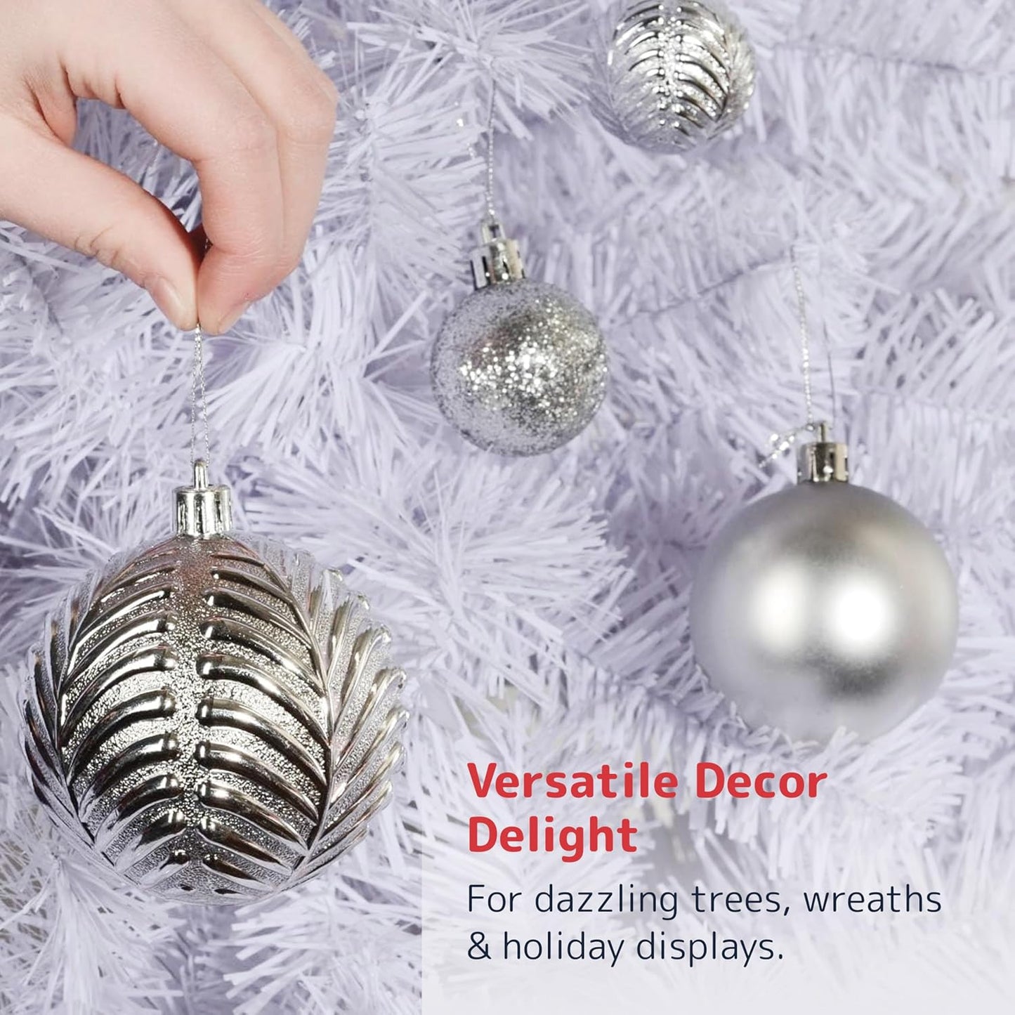 Prextex 36pc Shatterproof Silver Christmas Balls Ornament Set - Festive Christmas Tree Ornaments in 3 Different Sizes and 6 Styles - Holiday Decoration with Hanging Loops for Tree, Wreath, Party Decor