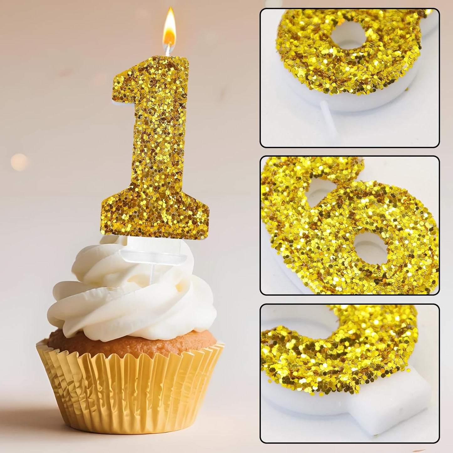 Birthday Number Candles, Glitter Number Candle Cake Decorations with Sequins, Cupcake Decorations for Girls, Women, Party Anniversary Celebrations (Number 1, Golden)