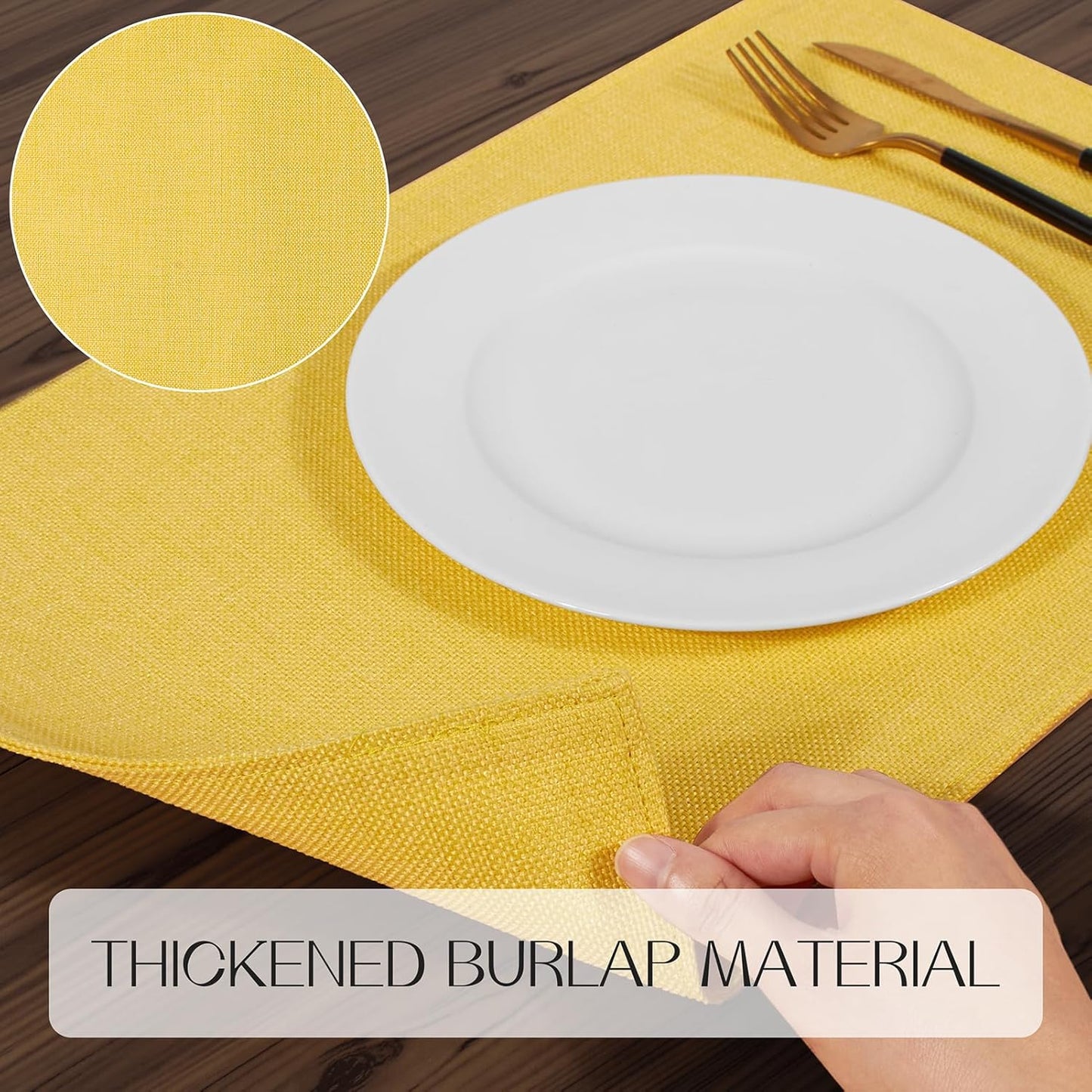 Romanstile Cloth Placemats Set of 6-12 x 18 Inch, Heat Resistant Double Layered Thickened Burlap Place Mats, Washable Faux Linen Farmhouse Table Mats for Kitchen/Dining/Party/Outdoor, Yellow
