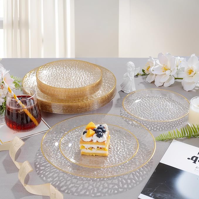 Rubtlamp 60Pcs Clear Gold Plastic Plates, Gold Glitter Disposable Plates, Hammered Plastic Plates Included 30 Dinner Plate And 30 Dessert Plates for Party