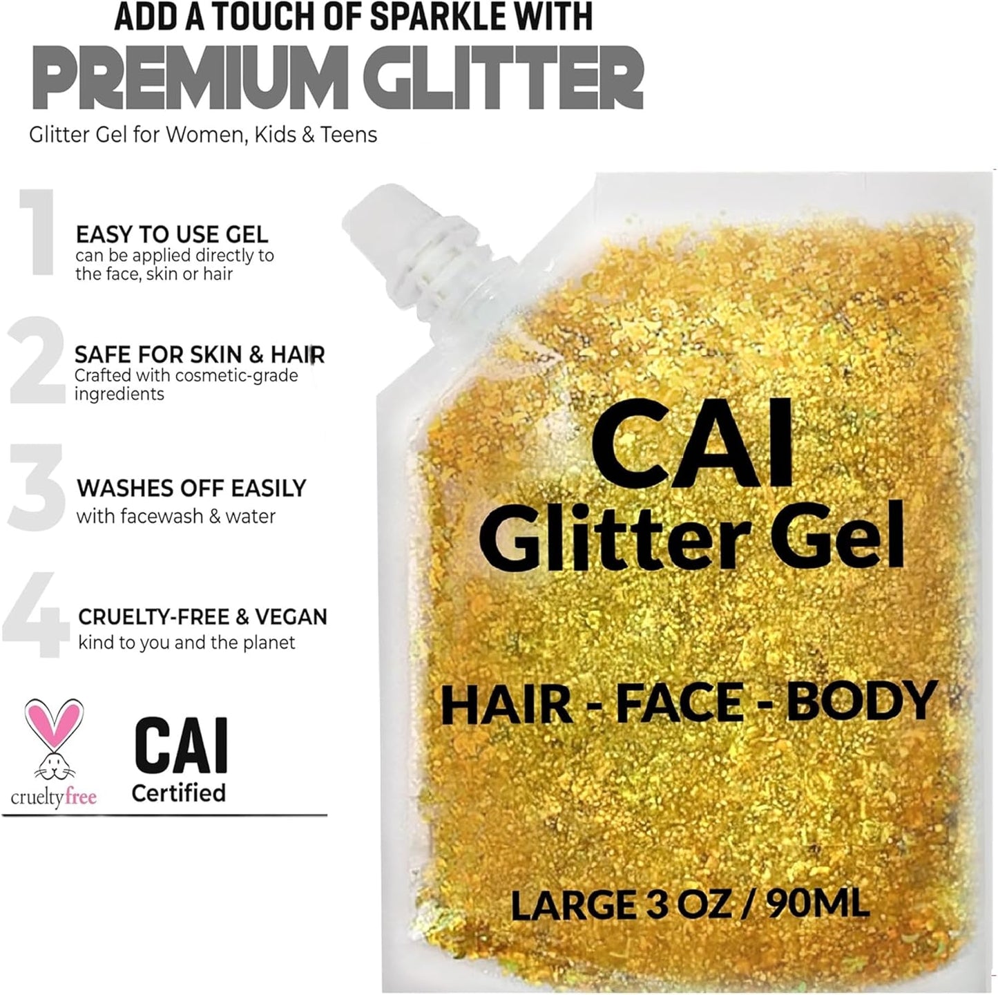 Face, Body & Hair Glitter Gel – Halloween Glitter for Kids and Women – 3 Oz Cosmetic-Grade Gel w/Moon & Stars for Festivals & Halloween Party, Easy Apply & Wash Off - Gold 1Pack