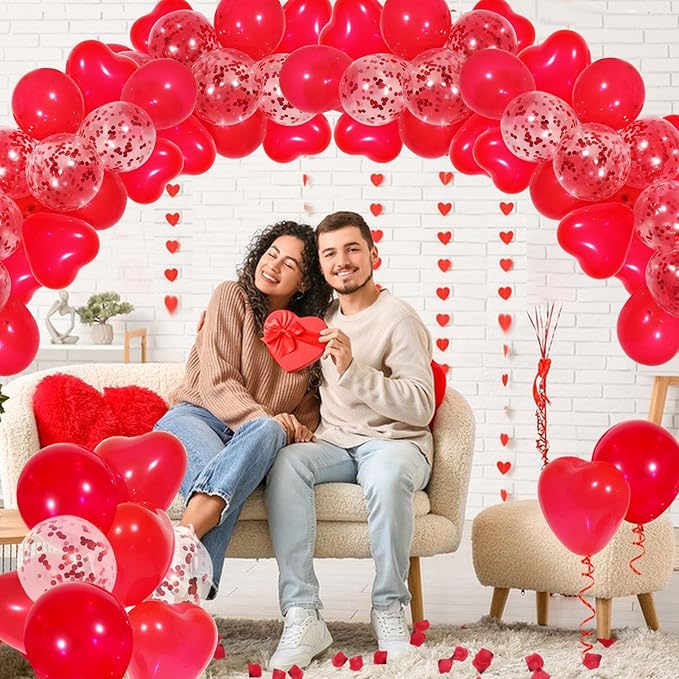 Red Balloons, 60 Pack Latex Heart and Confetti Balloons wiht Red Ribbon for Birthday Graduation Baby Shower Valentines Christmas Wedding Party Decorations