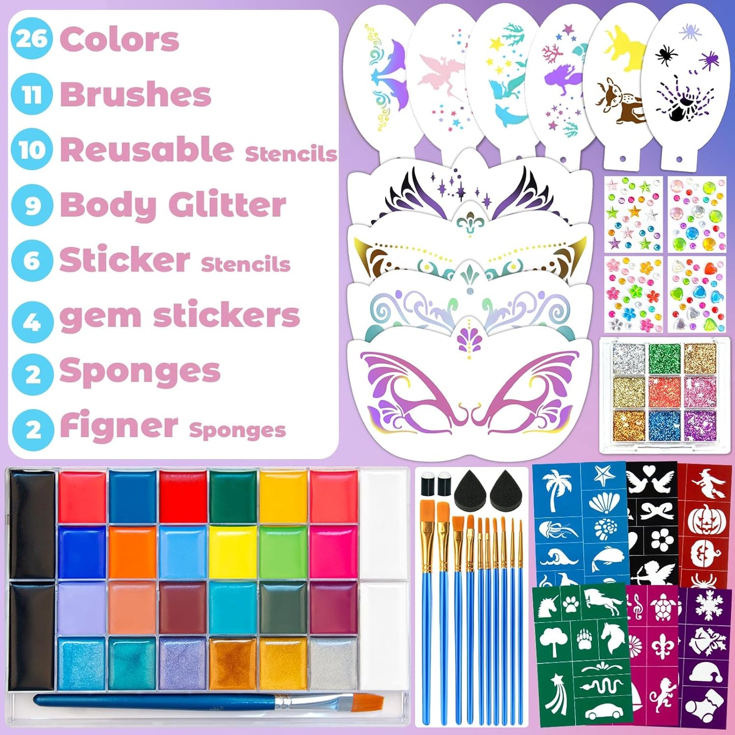 Face Painting Kit for Kids – 26 Colors Non-Toxic Face & Body Paint Palette with Brushes, Stencils, Glitter & Gems for Parties, Halloween, Festivals, School Events, and Creative Play