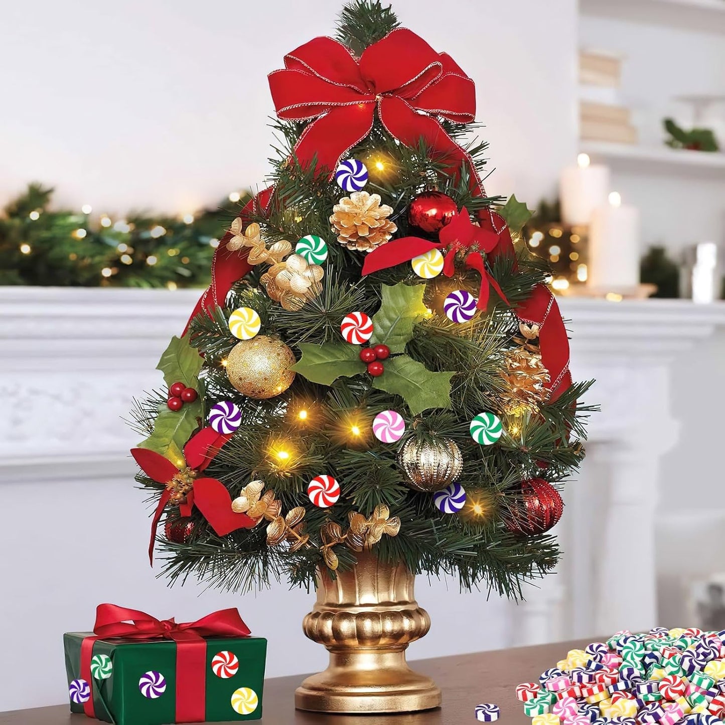 80pcs Mini Christmas Candy for Crafts Multicolour Fake Candy Decor Peppermint Ornaments Xmas Table Scatters Red and White Candy Vase Filler for Decorations Party Favors Supplies 15MM