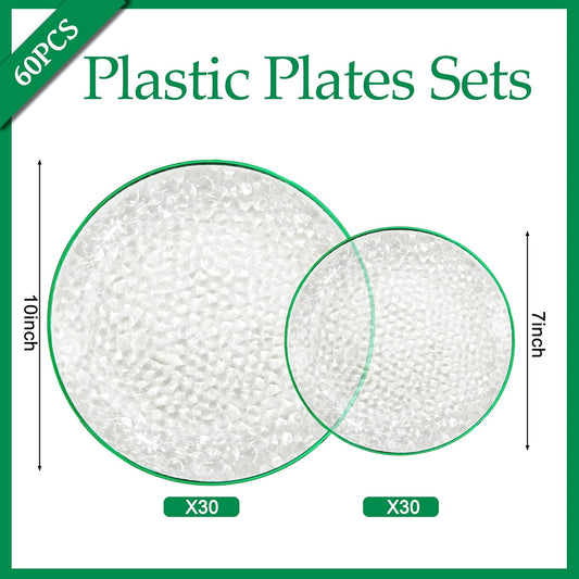 Rubtlamp 60Pcs Green Plastic Plates, Clear Plastic Disposable Plates With Green Rim, Heavy Duty Fancy Hammered Party Plates Include 30 Dinner Plates,30 Salad Plates For Christmas