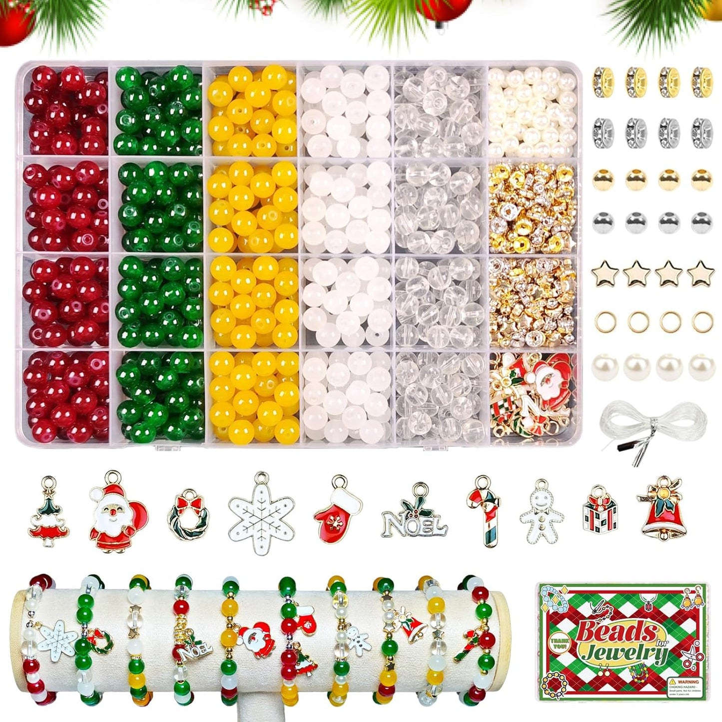 Dayify Christmas Glass Beads for Bracelets Making Kit, 8mm Glass Crystal Beads Christmas Jewelry Making Kit with Charms Pendants, Round Beads & Bead Assortments DIY Crafts