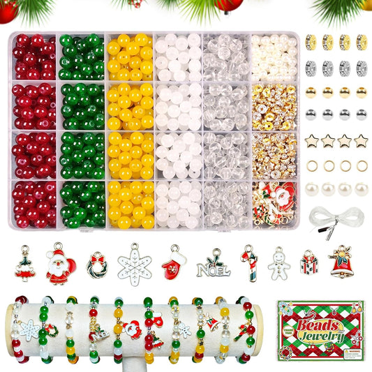 Dayify Christmas Glass Beads for Bracelets Making Kit, 8mm Glass Crystal Beads Christmas Jewelry Making Kit with Charms Pendants, Round Beads & Bead Assortments DIY Crafts