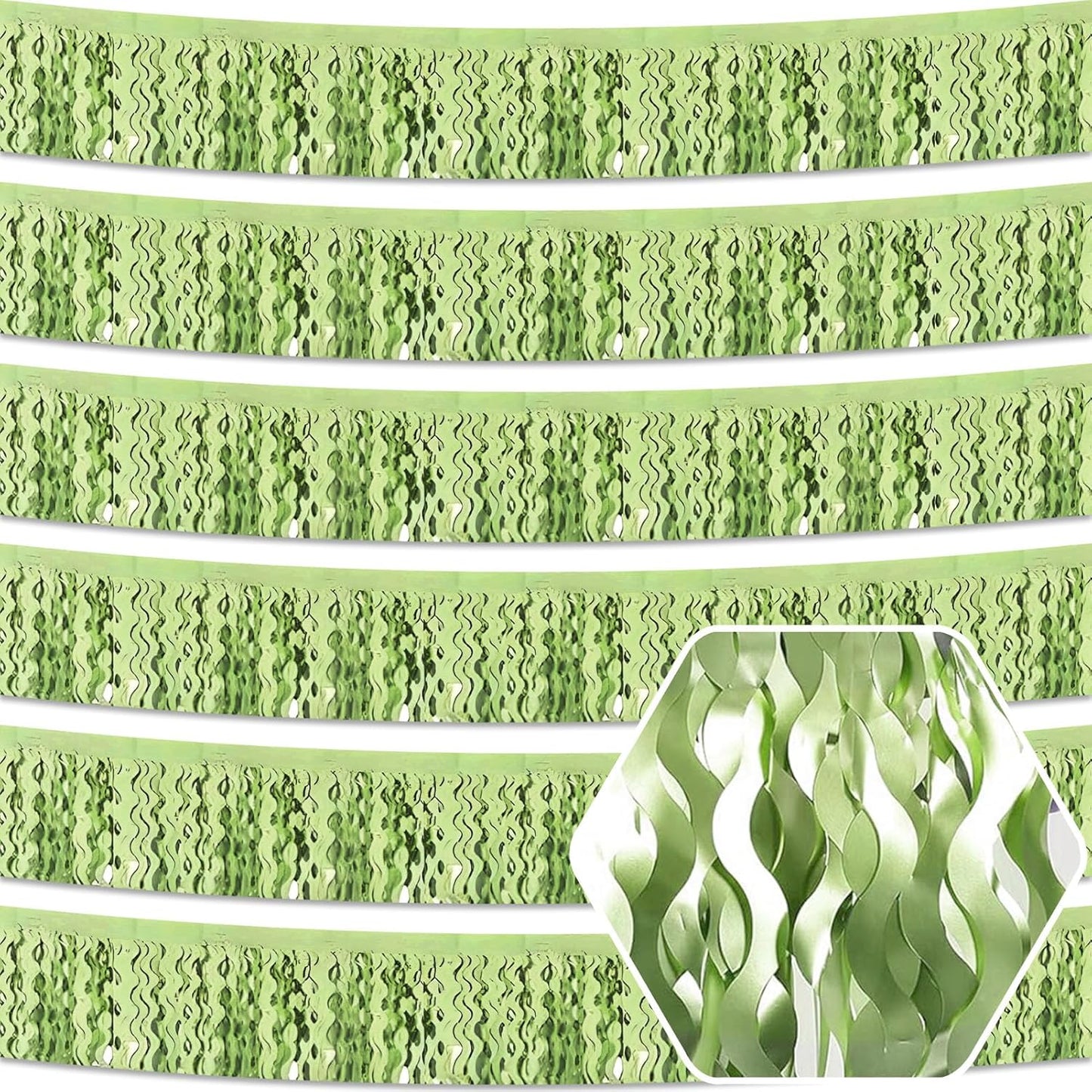 6 Pack 10 Feet Light Green Wave Foil Fringe Garland Metallic Tinsel Streamers Banner Wall Hanging Curtain Backdrop for Parade Floats, Mother's Day, Easter, Wedding, Birthday Party Decoration