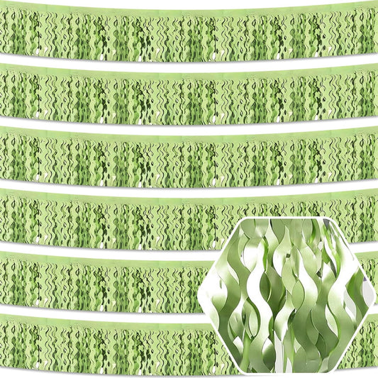 6 Pack 10 Feet Light Green Wave Foil Fringe Garland Metallic Tinsel Streamers Banner Wall Hanging Curtain Backdrop for Parade Floats, Mother's Day, Easter, Wedding, Birthday Party Decoration