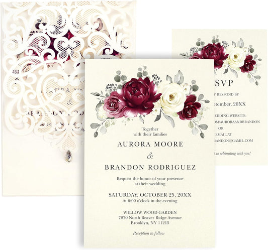 50pcs Laser Cut Wedding Invitations with Envelopes and RSVP Cards Burgundy and Ivory White, 5x7.3 Personalized Invitation Cards for Wedding, Anniversary Invitations with Rhinestone