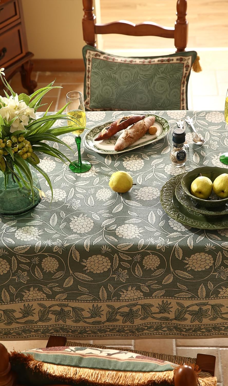 ISAENNE Designer Grayish Green Linen Extra Long Tablecloth Rectangle,Floral Stain Resistant Table Cloth,Fall Vintage Decor Tablecloths for Dining Thanksgiving Kitchen,67"*118"-Andrew A