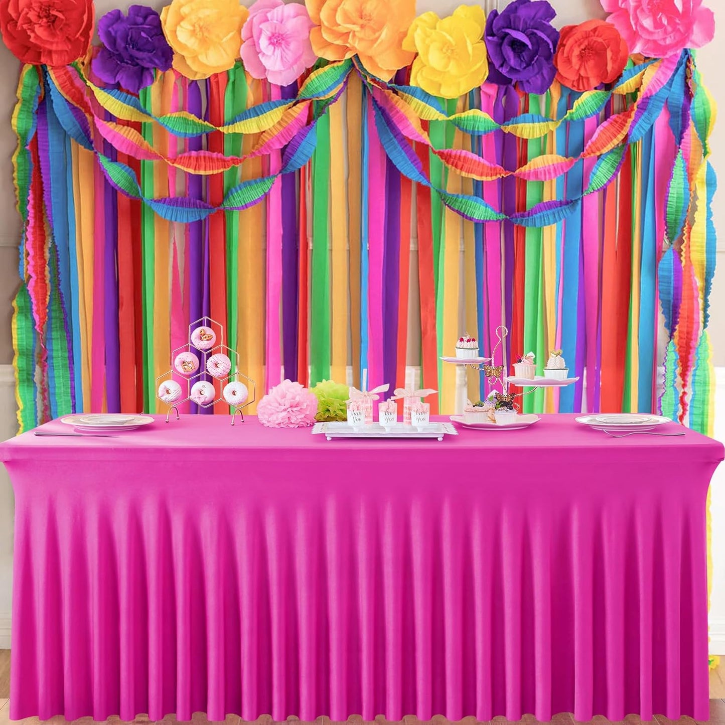 3 Pack Hot Pink Spandex Tablecloth for 6 Foot Rectangle Tables, Wrinkle Free Fitted Table Cloth Cover 6ft Fuchsia Stretchy Tablecloths with Skirt for Parties Weddings Birthday Banquet Baby Shower