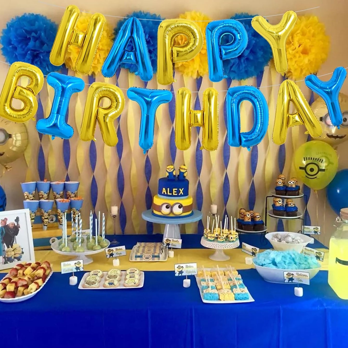 TONIFUL Happy Birthday Balloons with Ribbon Straw, 16 Inch Mylar Letters Birthday Sign Banner Bunting Reusable for Girls Boys Kids & Adults Party Decorations Supplies（Gold Blue）