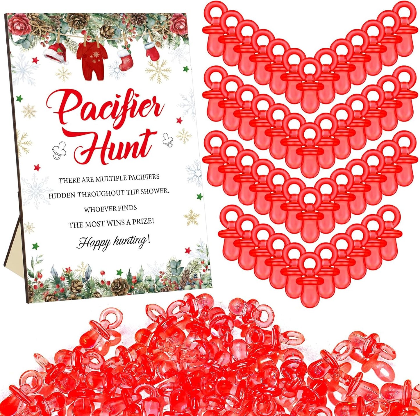 Thyle 51 Pcs Santa Themed Baby Shower Games Pacifier Hunt Include Hunt Sign and 50 Acrylic Pacifiers a Santa Baby Is on the Way Party Decorations Christmas Theme Gender Reveal Gift Sets Party Decor