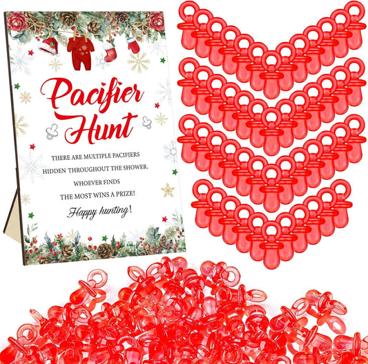 Thyle 51 Pcs Santa Themed Baby Shower Games Pacifier Hunt Include Hunt Sign and 50 Acrylic Pacifiers a Santa Baby Is on the Way Party Decorations Christmas Theme Gender Reveal Gift Sets Party Decor