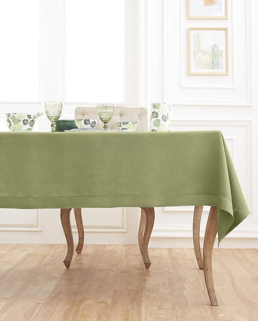 Solino Home Linen Tablecloth 60 x 90 Inch - Classic Hemstitch 100% Pure Linen Moss Green Table Cloth for Rectangle Tables - Machine Washable Tablecloth for Fall, Autumn, Thanksgiving