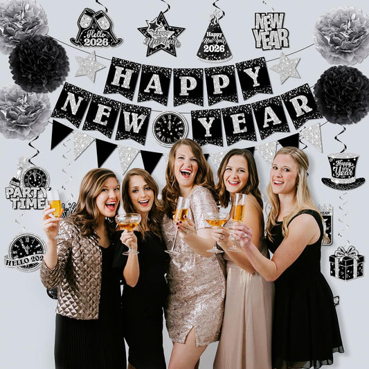 New Years Decorations Hanging Swirls,Black and Silver 2026 New Years Eve Decorations Banner Ceiling Hanging Pom Pom Garland Triangle Flag for Happy New Year Decorations