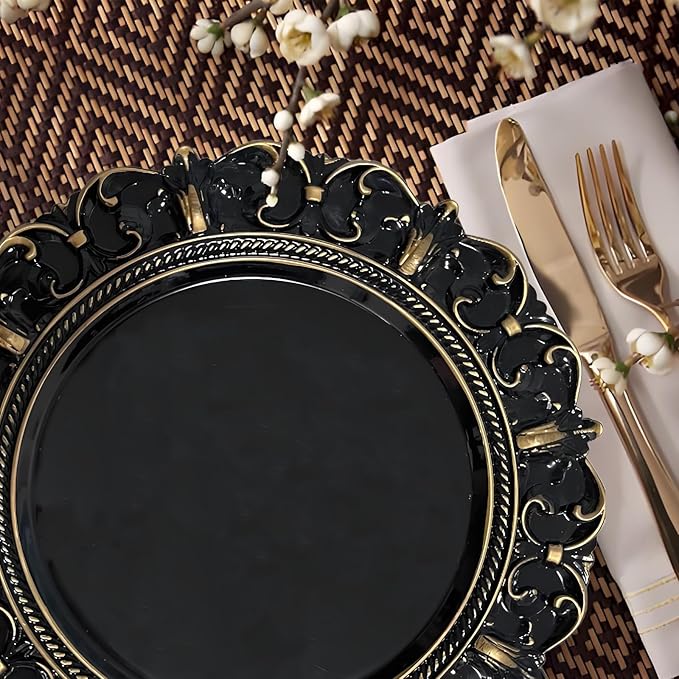 6 Pack Black Charger Plates 13" Round Charger Plates for Dinning Plates with Embossed Rim Plastic Charger for Dinner, Wedding, Elegant Tableware Decor