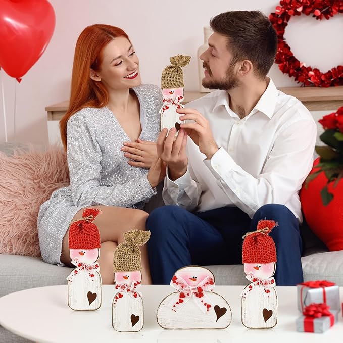 6 Pcs Valentines Day Wood Snowman Table Decorations Winter Snowman Tabletop Block Sign Rustic Farmhouse Xmas Tiered Tray Decor for Christmas Winter Holiday Home Office Shelf Party Decor
