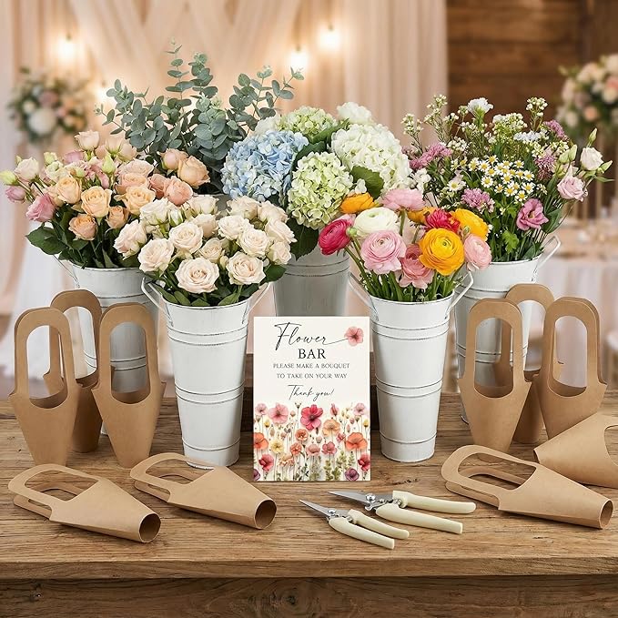 LEIFIDE 39 Pcs Flower Bar Buckets Set Kit Bloom Bar Supplies Include Wood Sign Gift Bags Iron Bucket Garden Flower Shears for Valentine Days Wedding Bridal Shower Table Centerpieces (White)