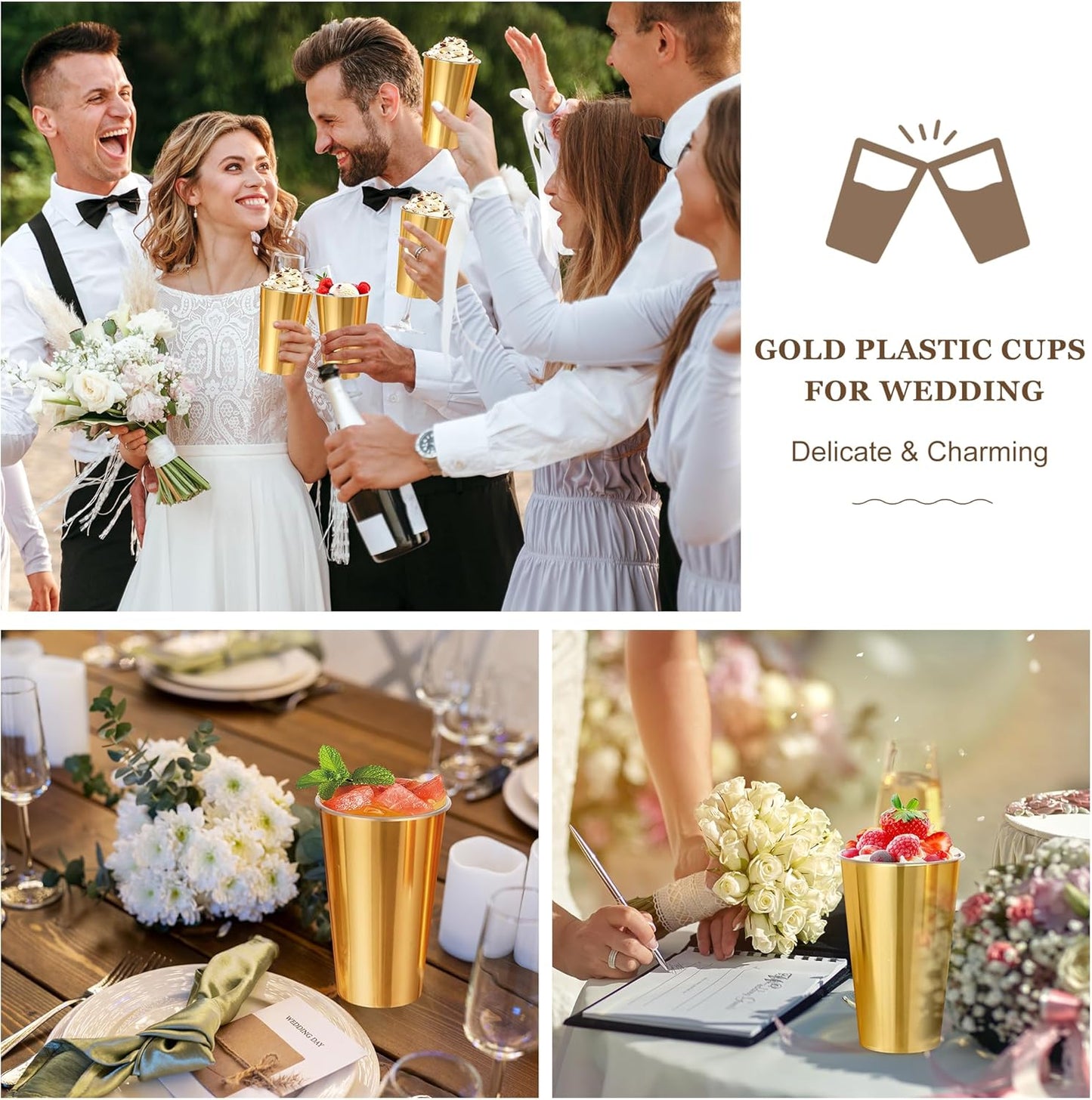 KesaPlan 50PCS Gold Plastic Cups, 16oz Disposable Plastic Tumblers for Party, Fancy Mirorred Golden Cups Bulk for Hot Cold Drinks, Disposable Drinking Glasses for Wedding Birthday Holiday Events
