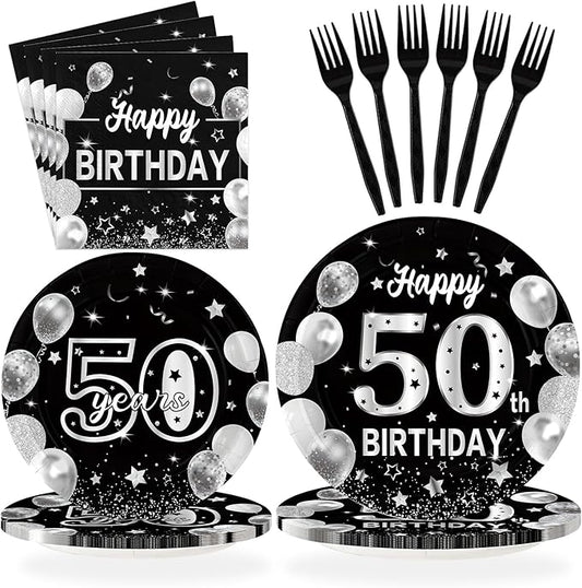 96Pcs Happy 50th Birthday Party Supplies Black and Silver 50th Plates and Napkins Tableware Sets Back in 1975 Birthday Party Decorations for Men Women Cheers to 50 Years Favors Decor Serves 24