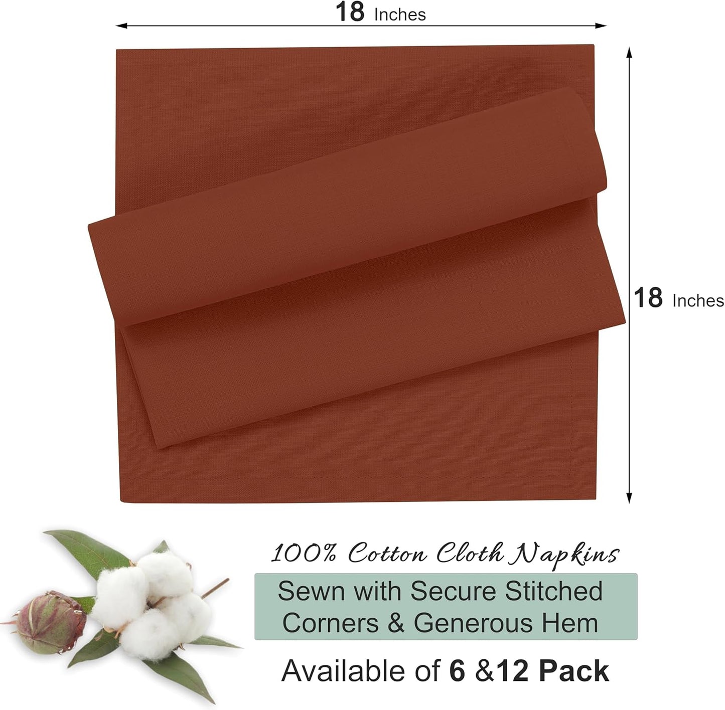 Ruvanti Cloth Napkins Set of 12, 18x18 Inches, Napkin Cloth Washable, Soft & ‎Absorbent 100% Cotton Napkins, Perfect for Wedding, Christmas, ‎Thanksgiving, and Dinner - Rust