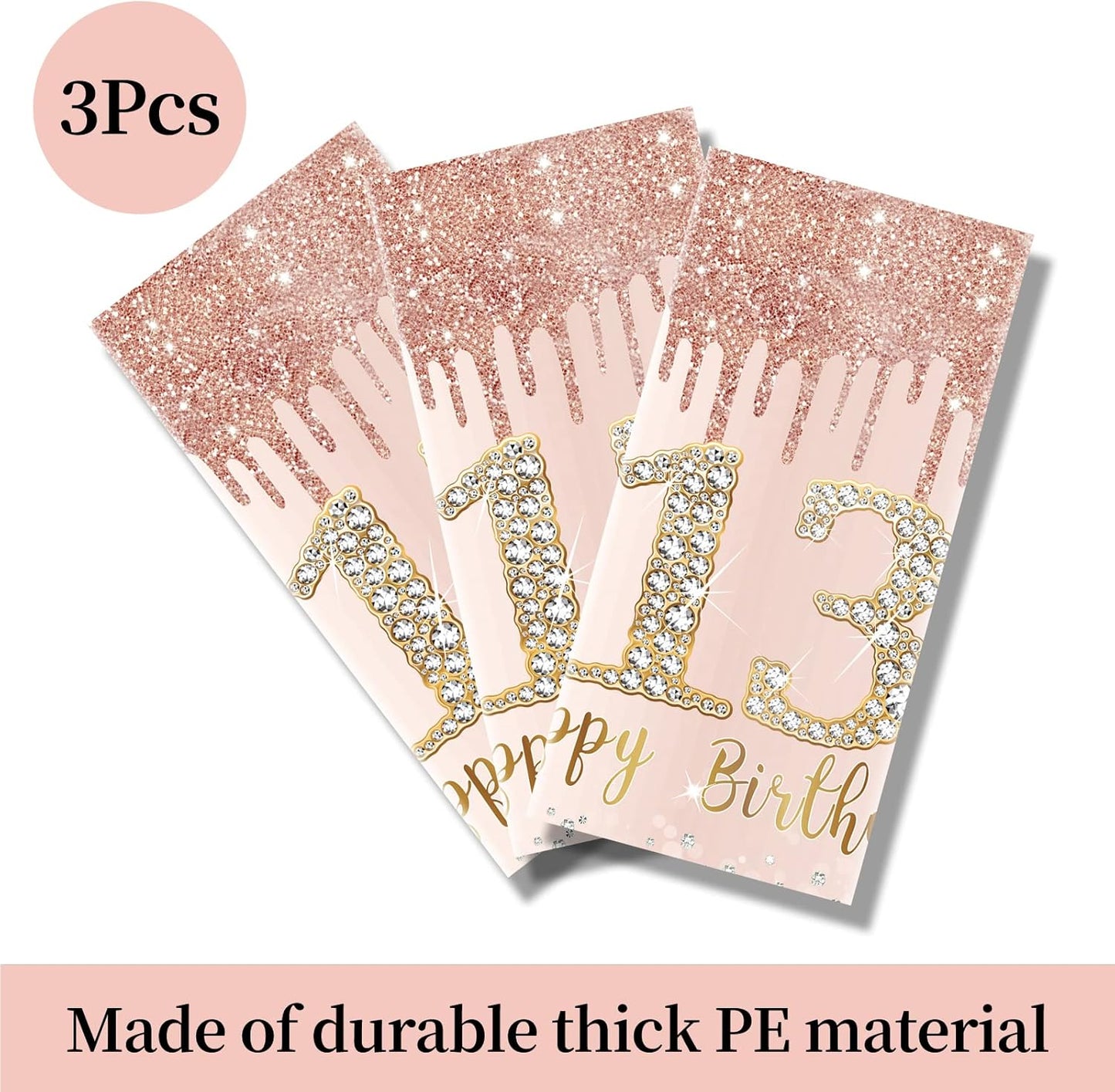 3 Pack 13th Birthday Tablecloth Decorations for Girls, Pink Rose Gold Happy 13 Birthday Theme Table Cover Party Supplies, Thirteenth Year Old Plastic Disposable Rectangular Table Cloth Decor