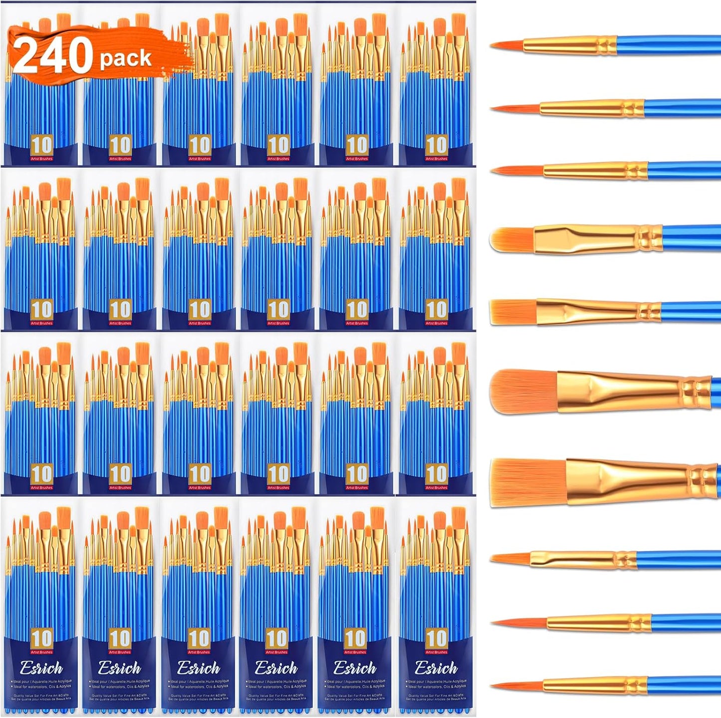 ESRICH Watercolor Brush Set, 24 Packs / 240 Pcs Acrylic Brushes,Nylon Brush Head, for Oil Painting, Gouache, Face,Ceramics etc, Kid's and Adults Painting Arts and Crafts Sets.(Blue)