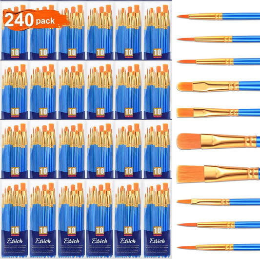 ESRICH Watercolor Brush Set, 24 Packs / 240 Pcs Acrylic Brushes,Nylon Brush Head, for Oil Painting, Gouache, Face,Ceramics etc, Kid's and Adults Painting Arts and Crafts Sets.(Blue)