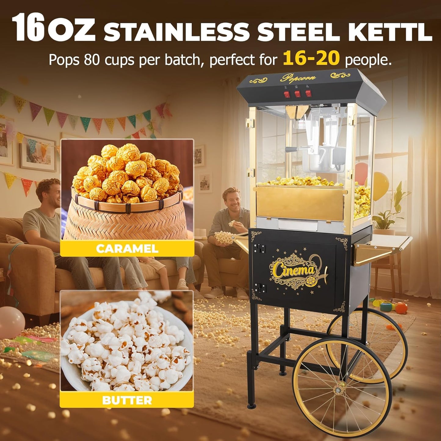Upgraded 16oz Commercial Popcorn Machine with Cart, Large Popcorn Machine Makes Up to 80 Cups, Movie Theater Pop Corn Machine with Easy-Rolling wheels & Stainless-Steel Kettle, Black&Gold