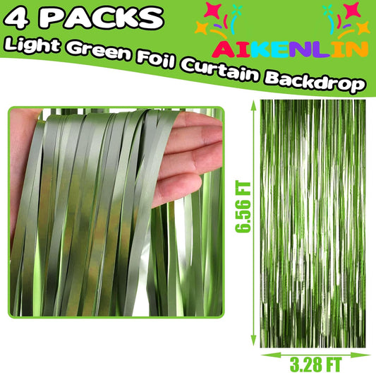 4 Pack 3.3Ft x 6.6Ft Light Green Foil Fringe Curtain Backdrop, Metallic Tinsel Foil Fringe Streamers Curtains Background for Photo Booth, Birthday, Wedding, Halloween, Christmas Party Decoration