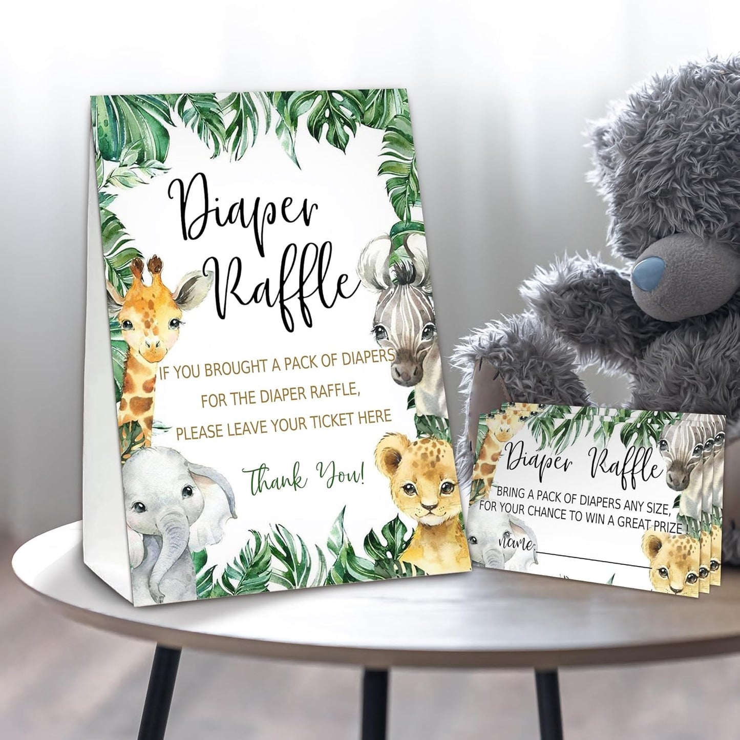 Jungle Animals Diaper Raffle Tickets for Baby Shower Game, 1 Standing Sign(5 * 7 Inch) & 50 Guessing Cards for Baby Shower Party Decoration, C1