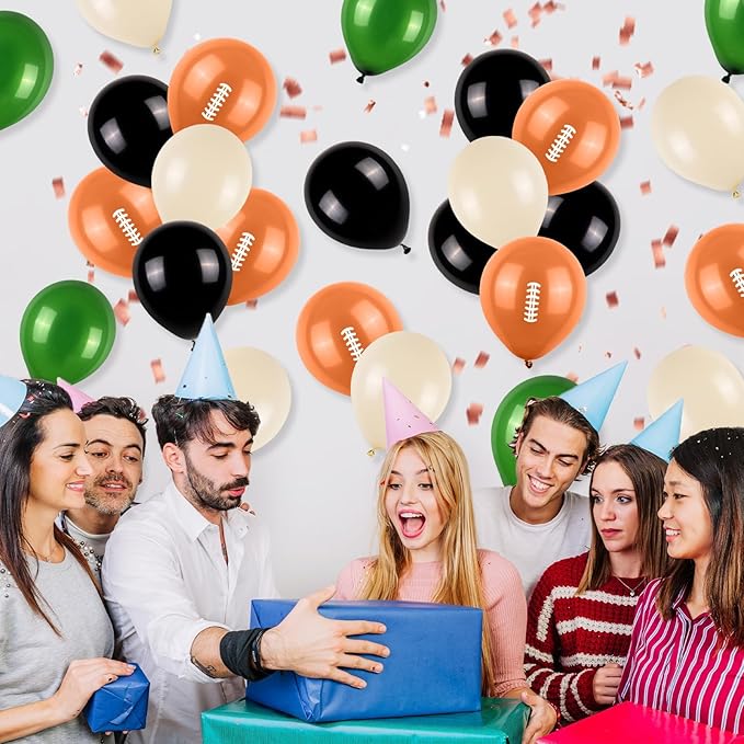 12 Inch Football Printed Party Balloons - Dark Green, Black, Beige - Boys Sports Birthday Party Decorations