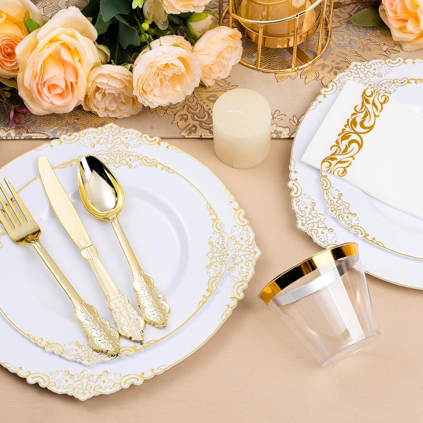 350PCS White and Gold Plastic Plates for 50 Guests, Disposable Dinnerware Set Includes 100 Disposable Plates, 150 Gold Silverware, 50 Cups, 50 Napkins for Party, Wedding