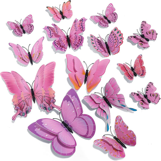 SAOROPEB 3D Butterfly Wall Decor, 72 Pcs Double Layer Butterfly Decorations for Party Decorations Locker Decor Refrigerator Decal, Reusable (Pink)