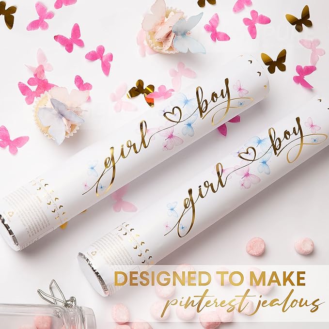 PrimePure Gender Reveal Confetti Cannon - Butterfly Shaped Confetti Poppers - Pink, 2 Pack - Baby Girl Gender Reveal Party Poppers Shooters - Pink Paper Butterflies Baby Shower Party Supplies Pop Gun