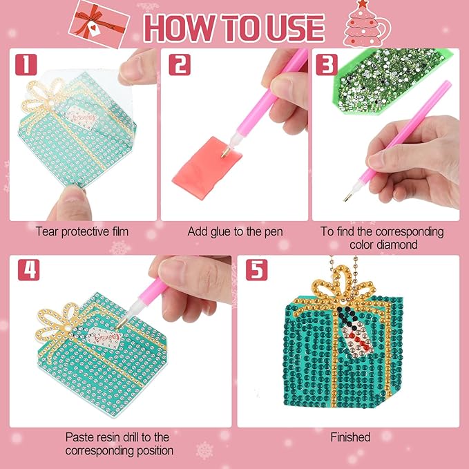 Huquary 24 Pcs Diamond Art Christmas Ornaments 5D DIY Christmas Diamond Arts Painting Keychains Xmas Hanging Painting Kits Gift Boxes Crystal Rhinestone Craft for Home Winter Holiday Gifts