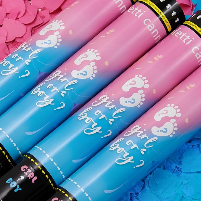 Crisky Gender Reveal Confetti Cannon Heart Shaped Confetti Poppers 2 Pink 2 Blue Baby Shower Baptism Party Cannons Shooter Blaster